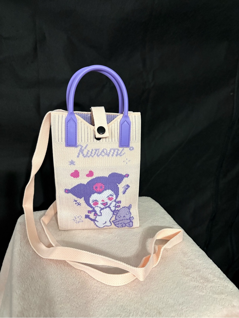 Purple & Cream Knit Mini Crossbody Bag with Kuromi character - Picture 3 of 3